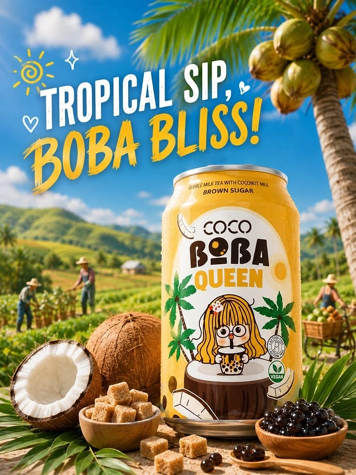Bubble Tea & Boba Shops creative ad: Tropical landscape turns flavor into vivid world