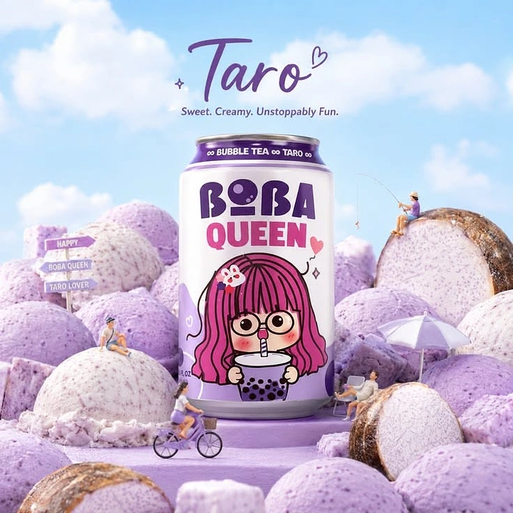 Bubble Tea & Boba Shops creative ad: Taro product becomes playful fantasy character