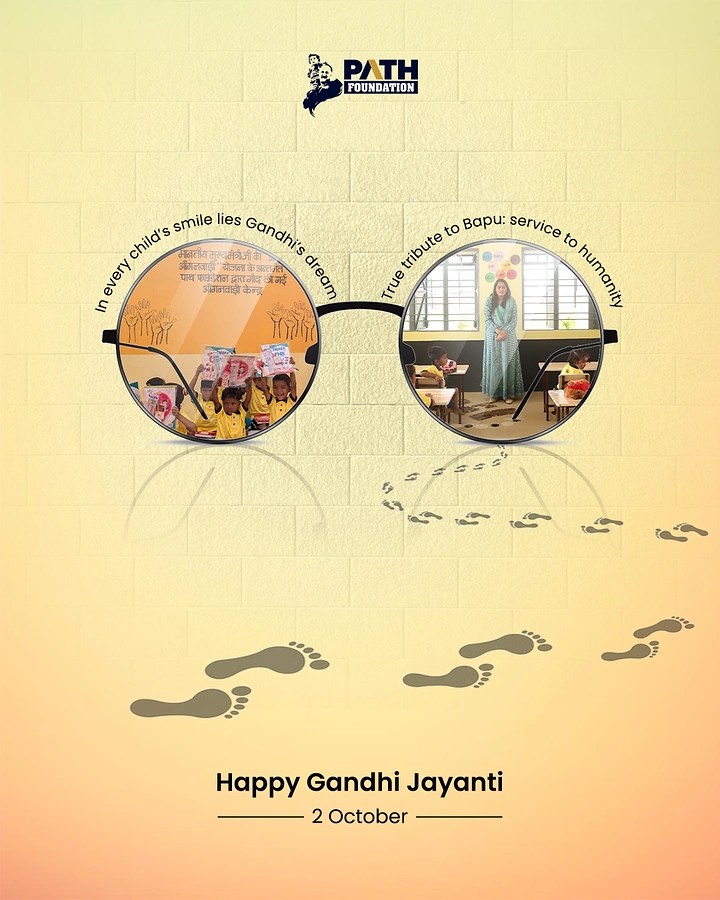 Gandhi Jayanti creative ad: Gandhi glasses containing photographs of children and education
