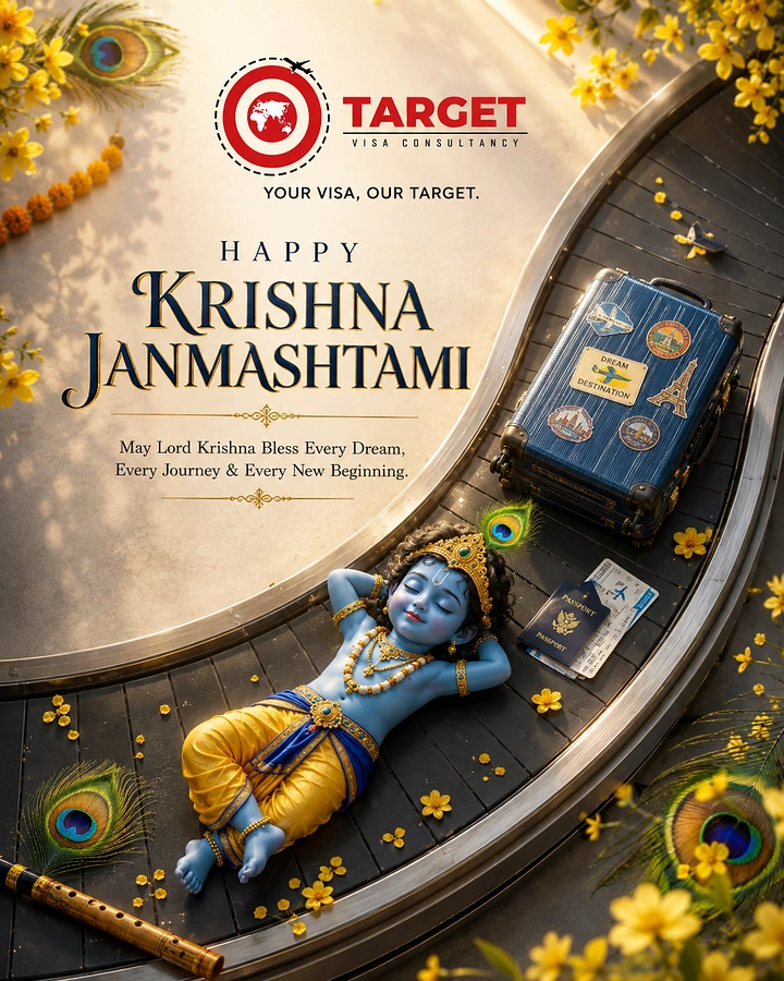 Janmashtami creative ad: Baby Krishna sleeping on an airport baggage carousel beside a suitcase and passports