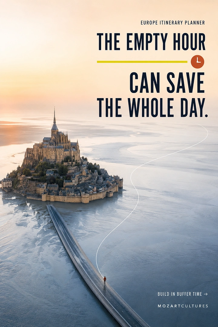 Creative ad: Aerial dawn view of a fortified island abbey with a lone walker on the causeway