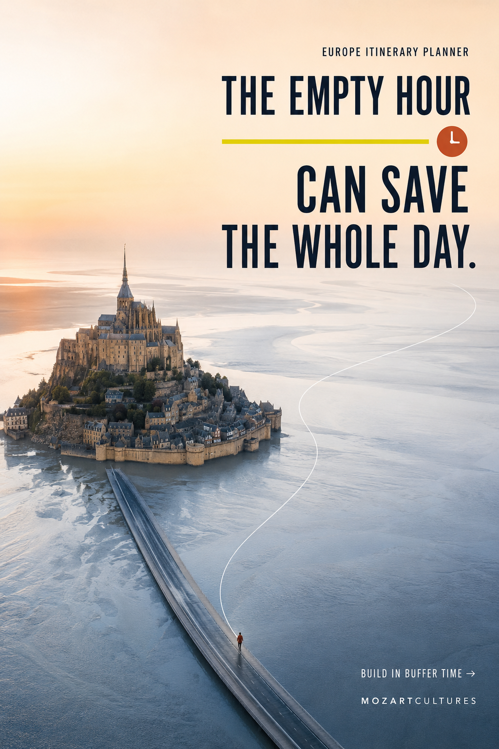 Poster: Aerial dawn view of a fortified island abbey with a lone walker on the causeway