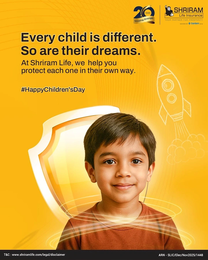 Children's Day creative ad: Smiling boy in front of a glowing 3D shield