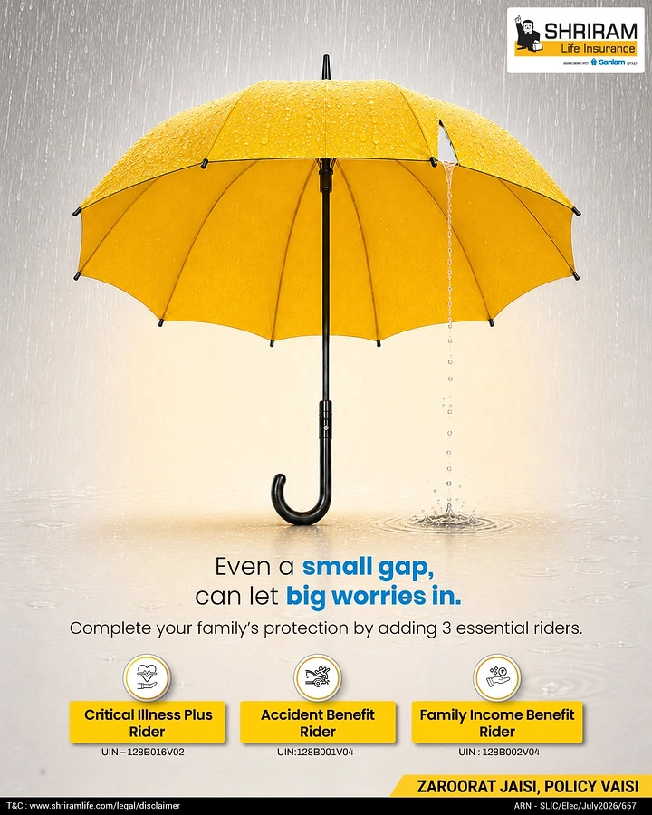 Creative ad: Open yellow umbrella in rain with a small tear leaking water
