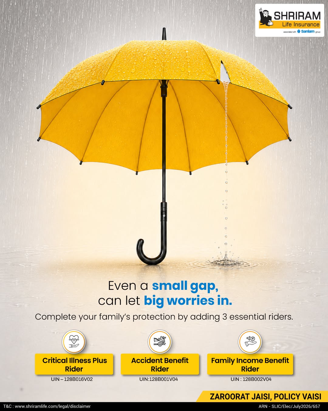 Instagram post: Open yellow umbrella in rain with a small tear leaking water