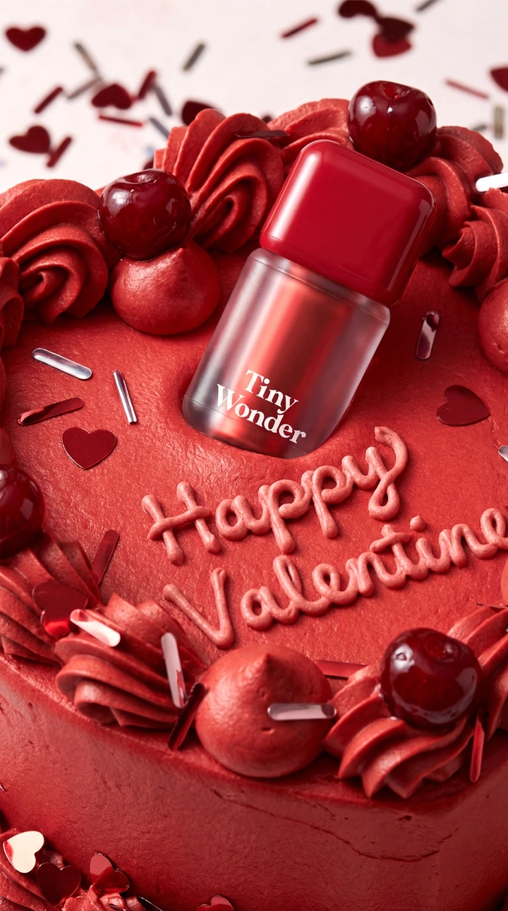 Valentine's Day creative ad: Red lip tint bottle set into a red heart-shaped cake
