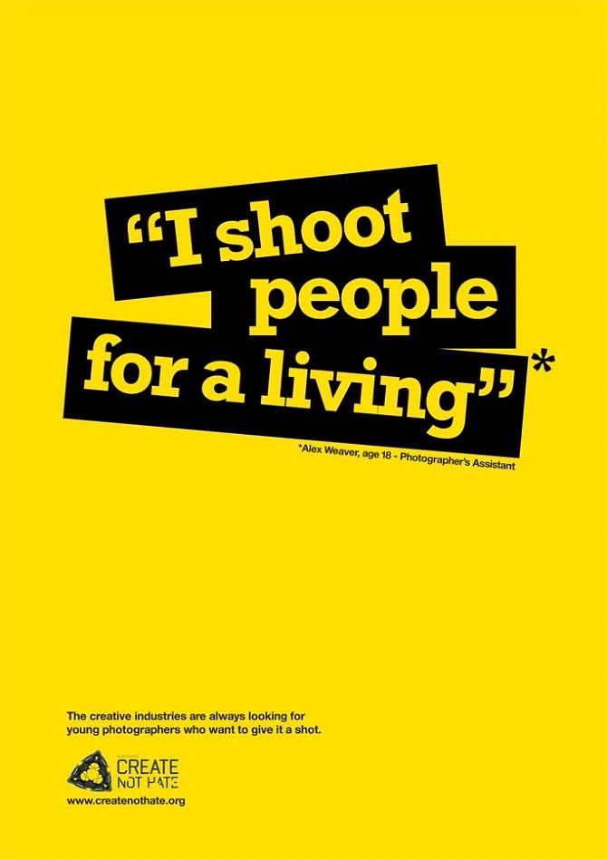 Agency creative ad: Witty 'I shoot people' copy, bold type
