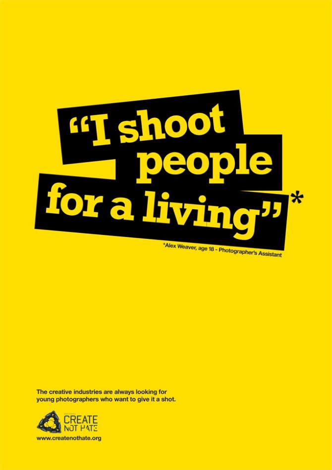 Witty 'I shoot people' copy, bold type