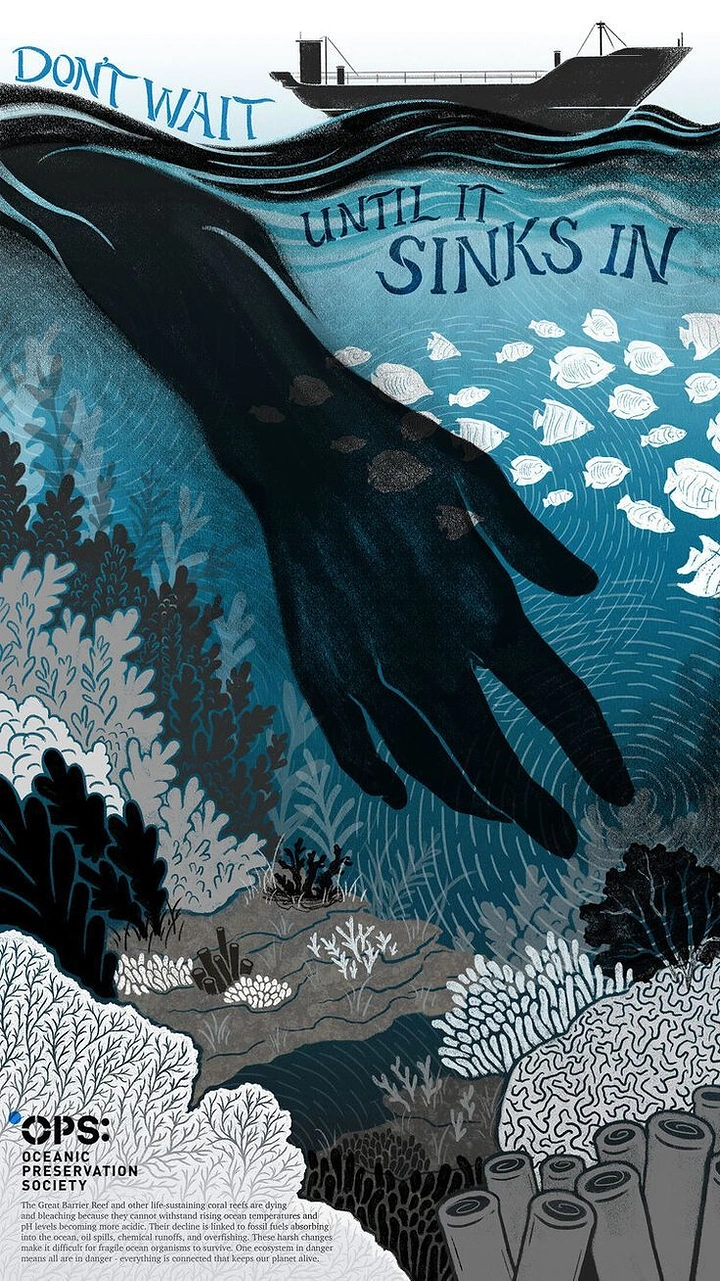 Creative ad: Giant black oil-slick hand reaching down into a bleaching coral reef
