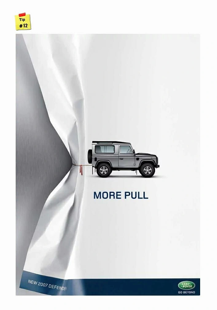 Automotive creative ad: Off-road SUV pulling the page itself into a crumple