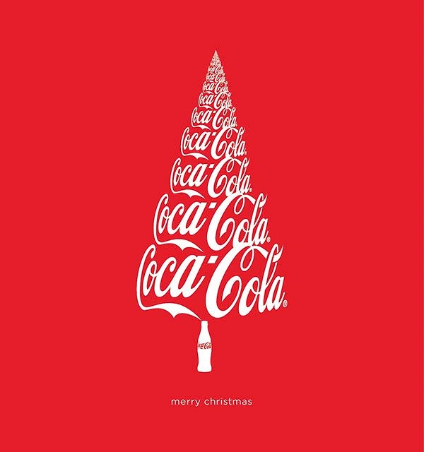 Christmas creative ad: Christmas tree built from stacked repeated script logos