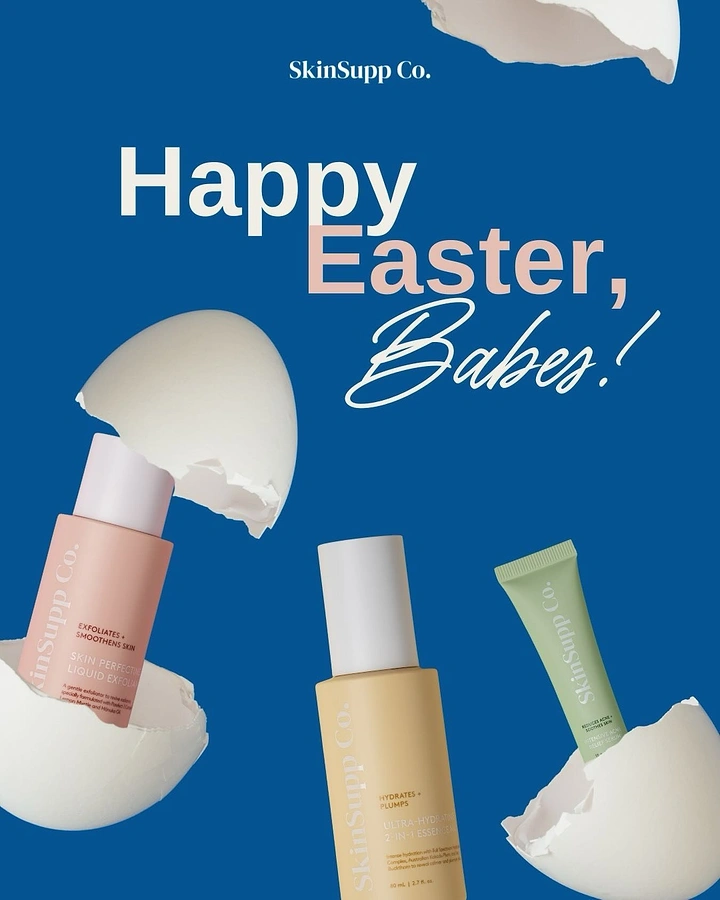 Easter creative ad: Pastel skincare bottles emerging from cracked eggshells