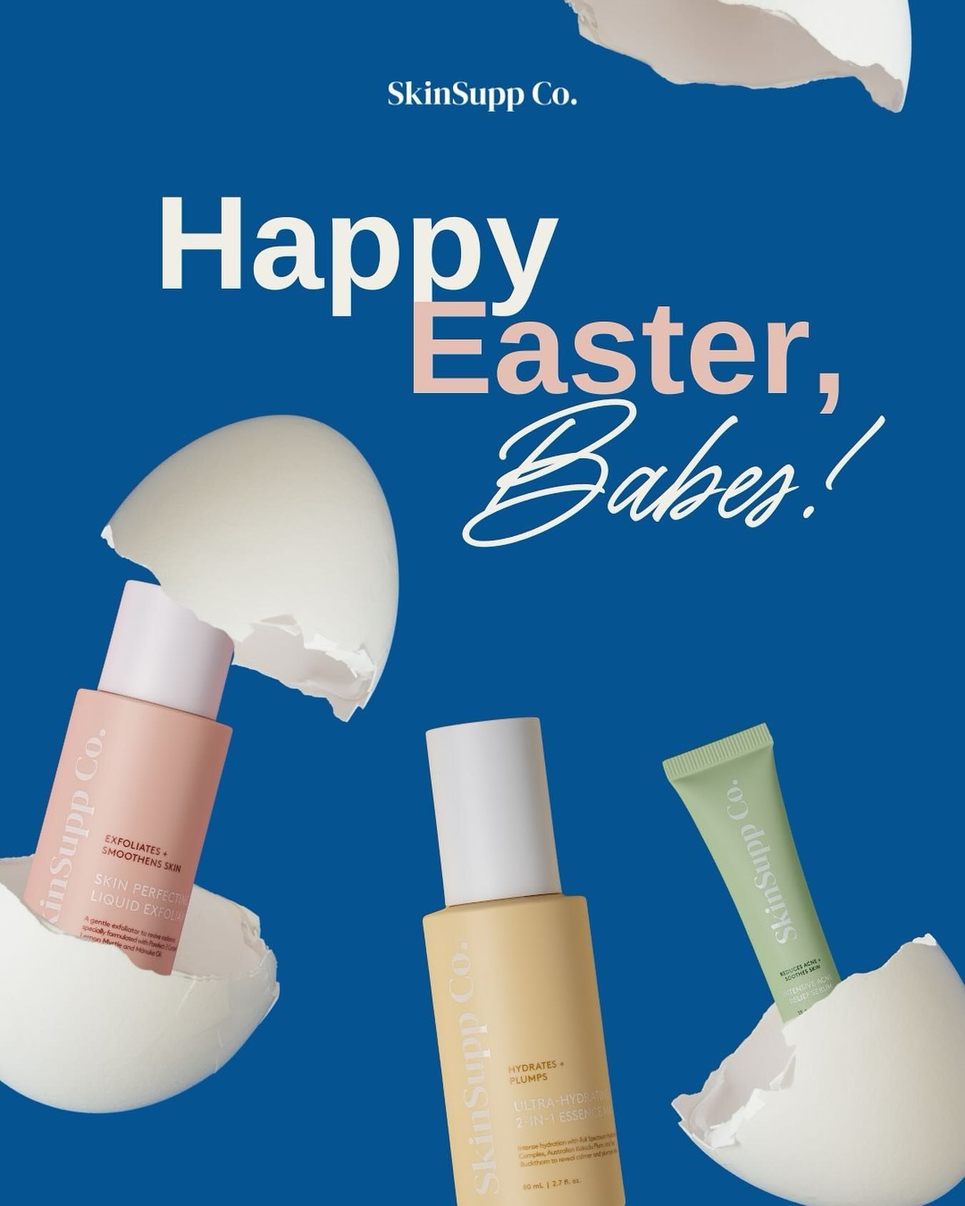 Pastel skincare bottles emerging from cracked eggshells