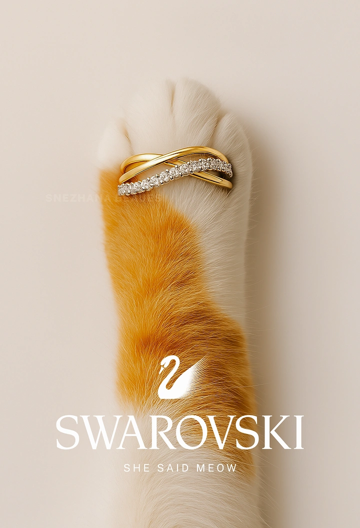Pets creative ad: Ginger-and-white cat paw wearing a crossover gold crystal ring
