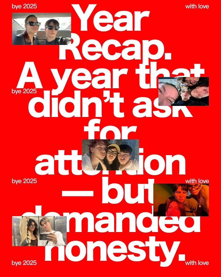 New Year creative ad: Giant white headline over a red field, overlaid with candid friend snapshots