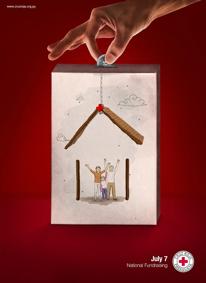 Creative ad: Coin dropped into a donation box lifts a sketched house roof over a family
