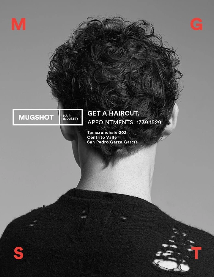 Barber Shops creative ad: Back-of-head mugshot pun, corner M-G-S-T letters