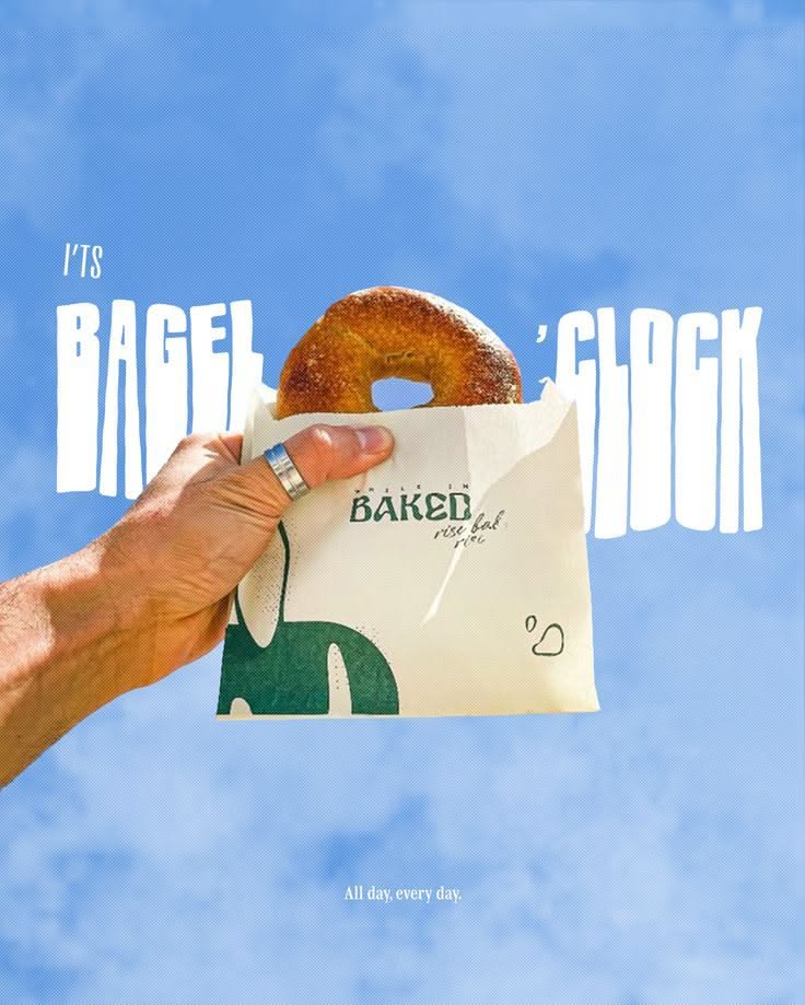 Instagram post: Bagel o'clock pun, bagel held skyward