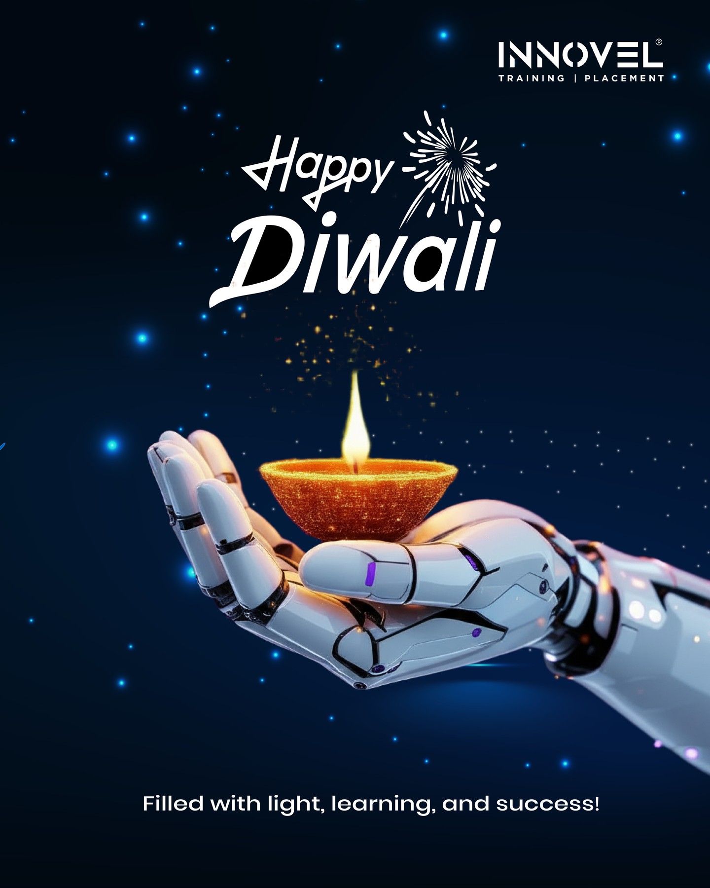 Diwali Instagram post: White robotic hand holding glowing clay diya
