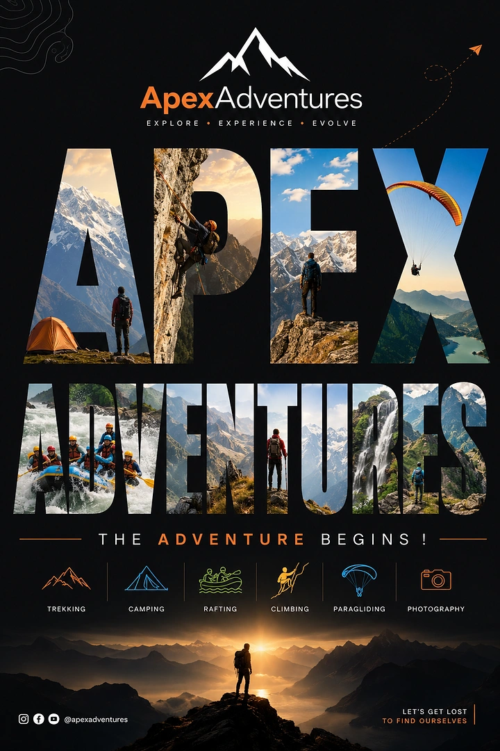 Adventure Sports & Trekking creative ad: Mountain imagery embedded in Apex lettering
