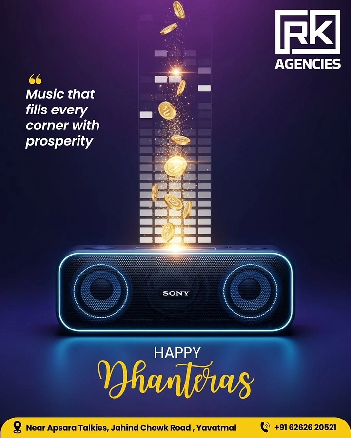 Dhanteras creative ad: Glowing portable speaker with gold coins rising from it like an equalizer
