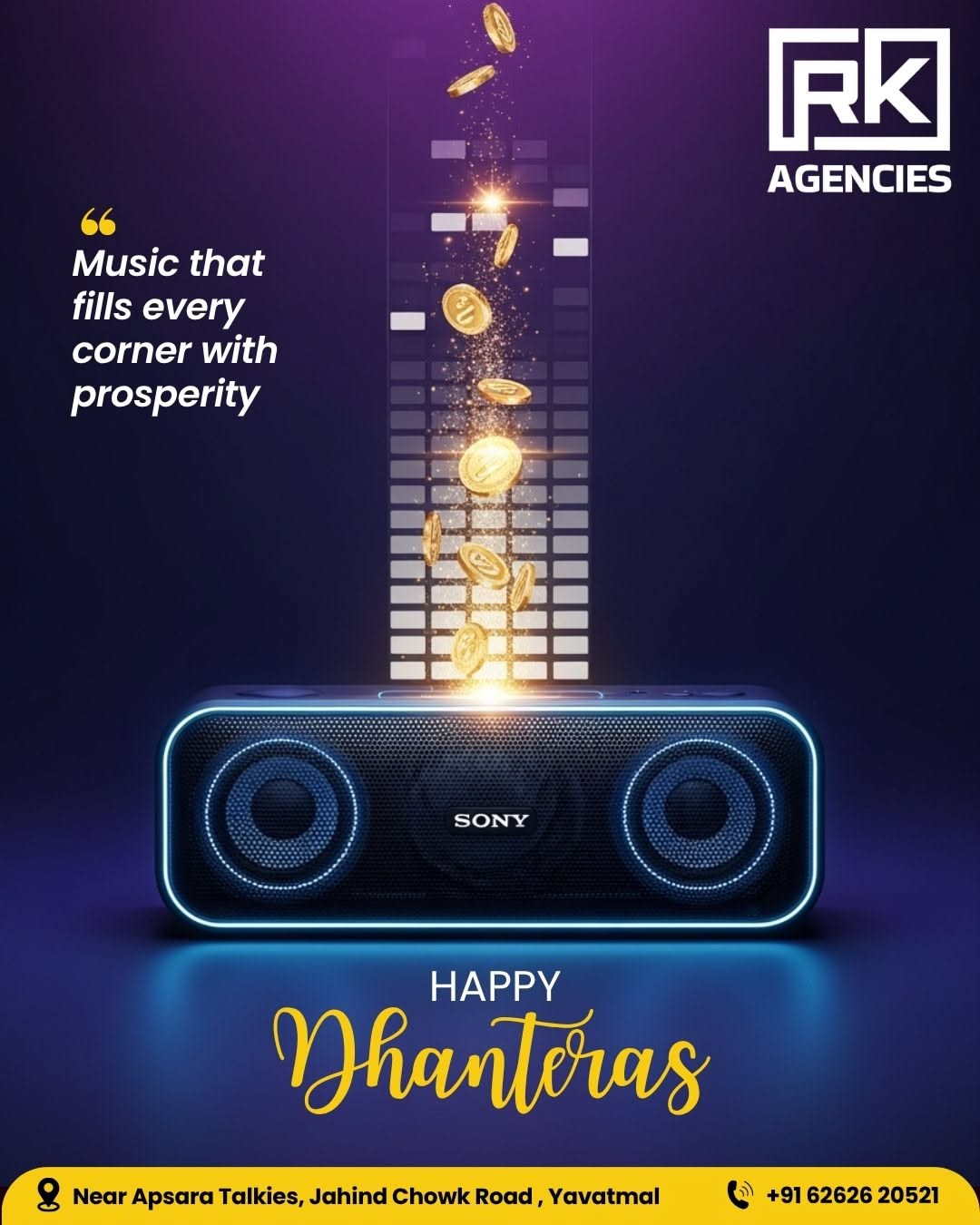 Glowing portable speaker with gold coins rising from it like an equalizer