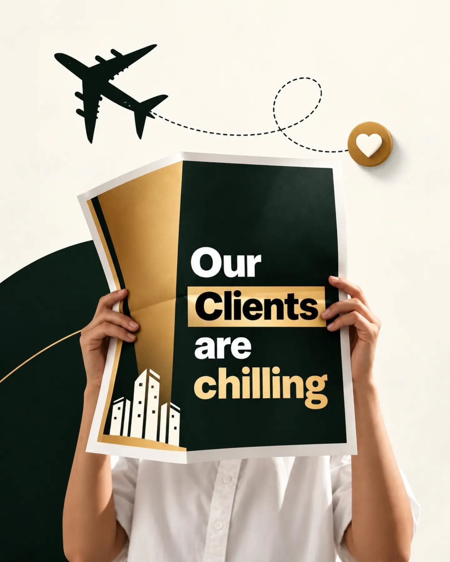 Instagram post: Clients chilling travel visual metaphor, slide 1