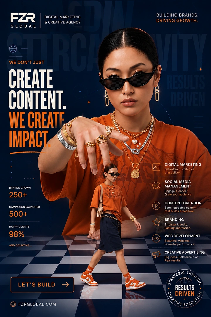 Agency creative ad: Giant model puppeting mini self, bold editorial