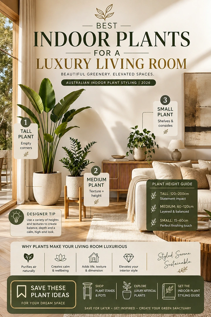 Plant Shops & Nurseries creative ad: Sunlit luxury living room styled with tall, medium and small potted plants