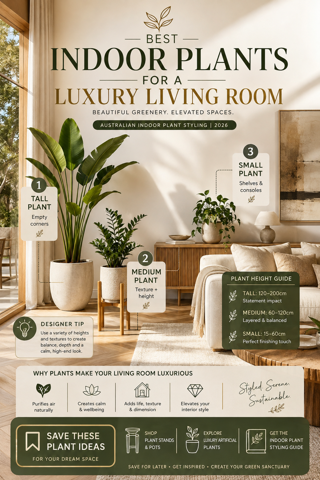 Poster: Sunlit luxury living room styled with tall, medium and small potted plants