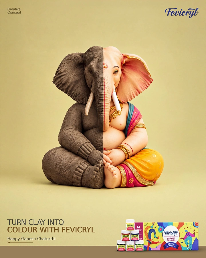 Ganesh Chaturthi creative ad: Seated Ganesha idol split half raw clay, half fully painted