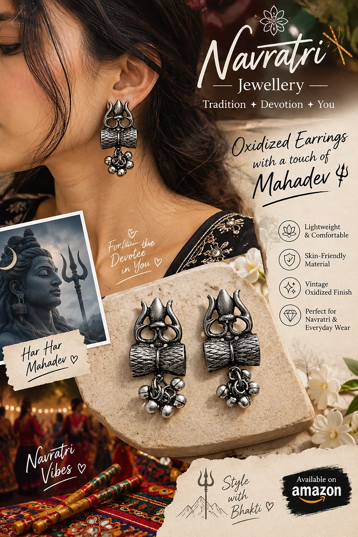 Navratri creative ad: Oxidized devotional earrings styled for Navratri