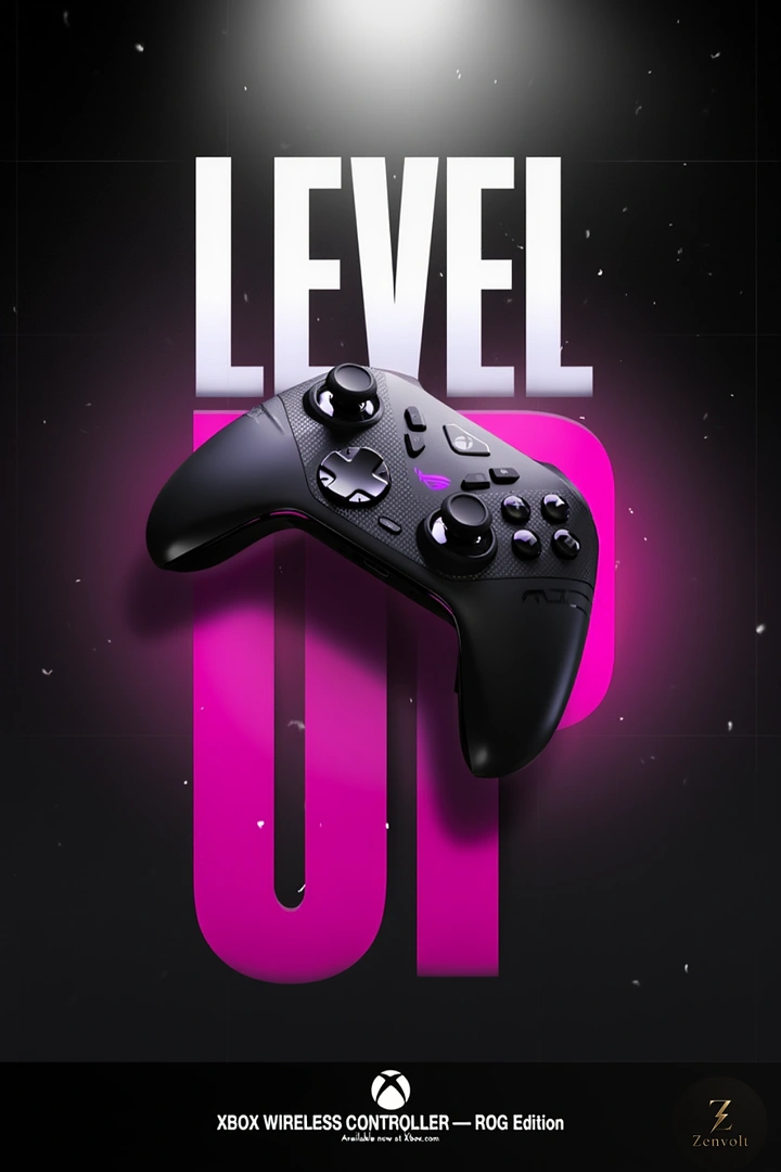 Gaming & Esports creative ad: Controller overlaps 'LEVEL UP' type, bold contrast