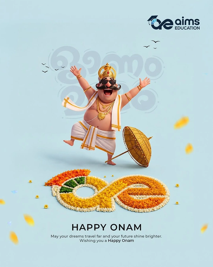 Onam creative ad: 3D Mahabali dancing beside a flower-carpet logo