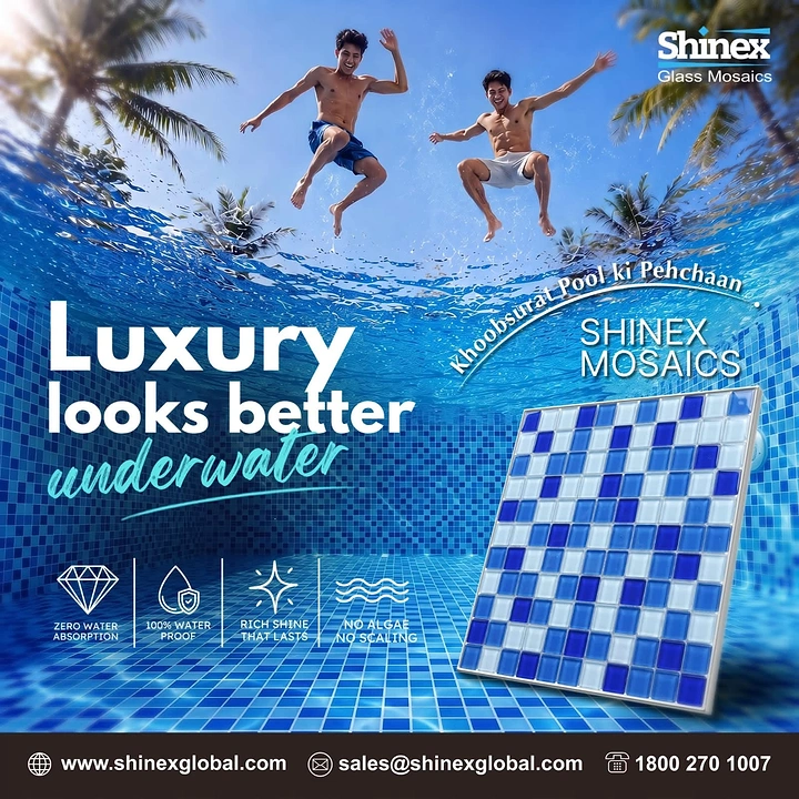Swimming Pools & Pool Care creative ad: Underwater luxury metaphor with mosaic tile.