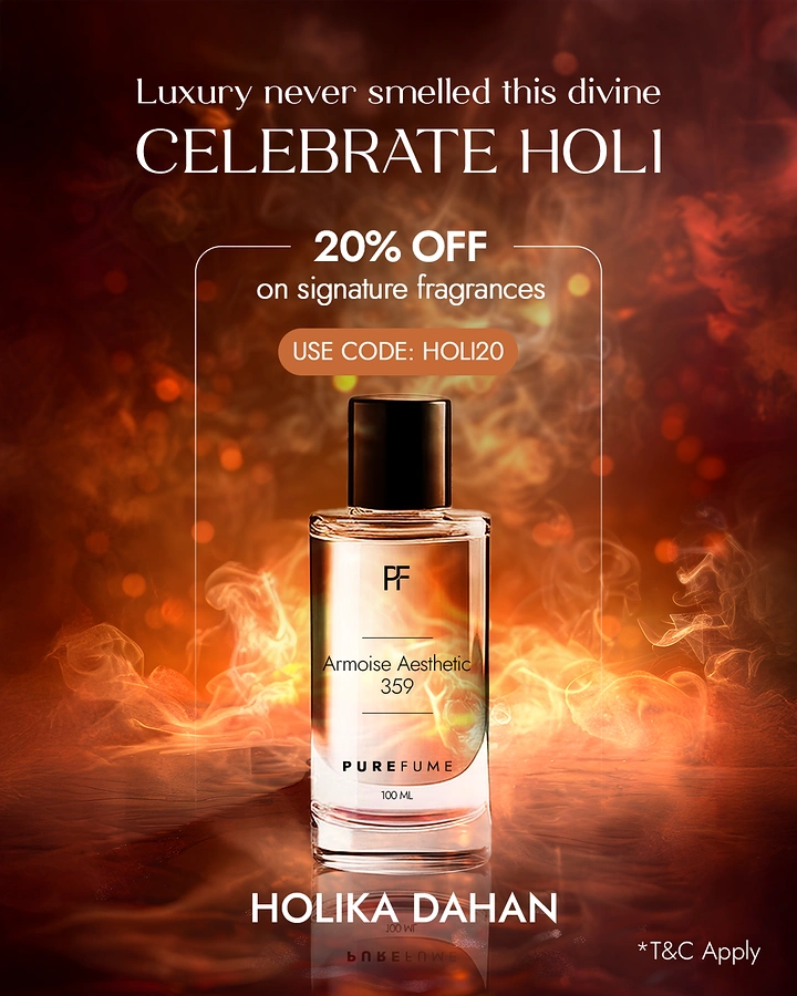 Holi creative ad: Glass perfume bottle among fiery smoke for Holika Dahan