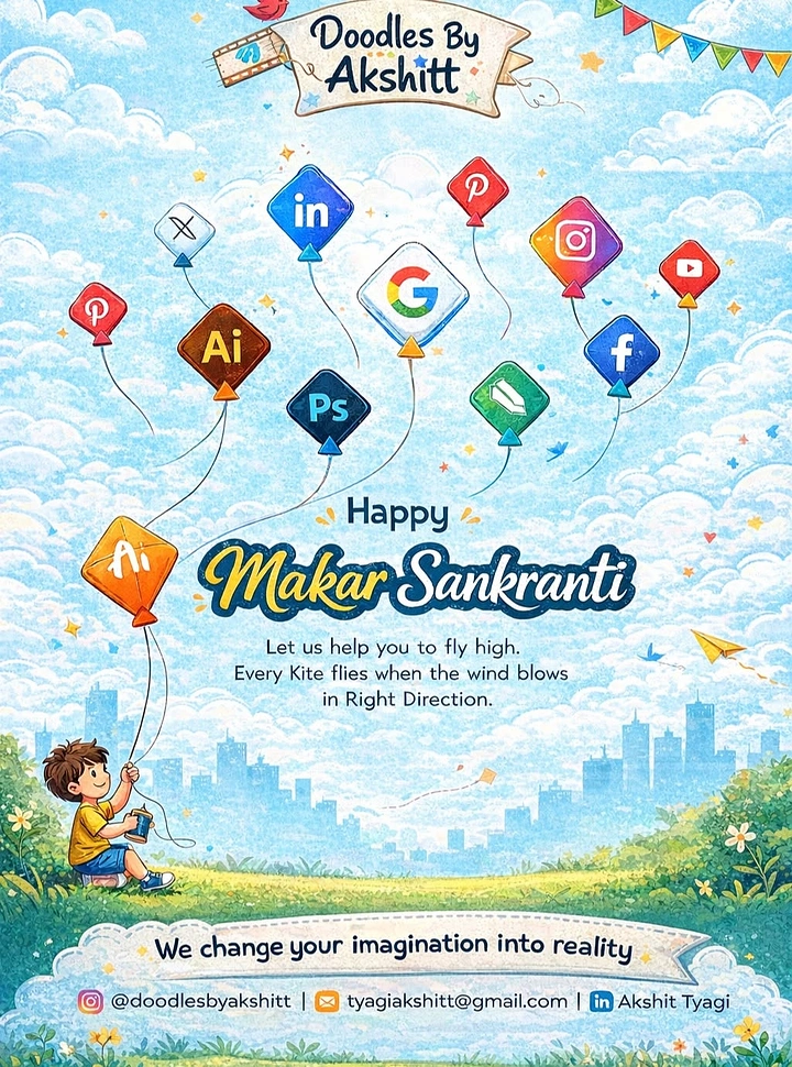 Makar Sankranti creative ad: Boy on grass flying kites shaped like social media and design app icons