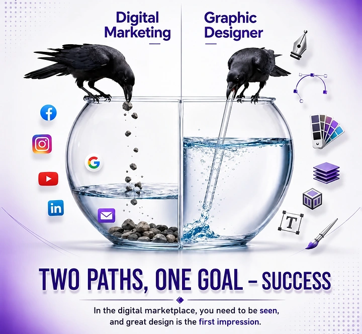 Agency creative ad: Crow-and-pitcher fable metaphor for marketing