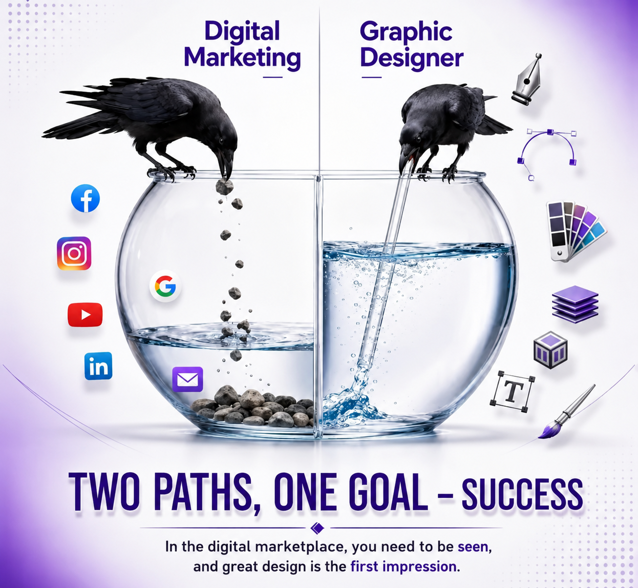Instagram post: Crow-and-pitcher fable metaphor for marketing