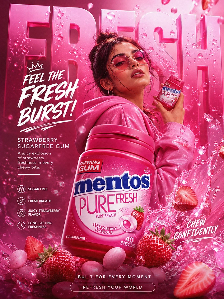 Chewing Gum & Mints creative ad: Exceptional strawberry Mentos product presentation