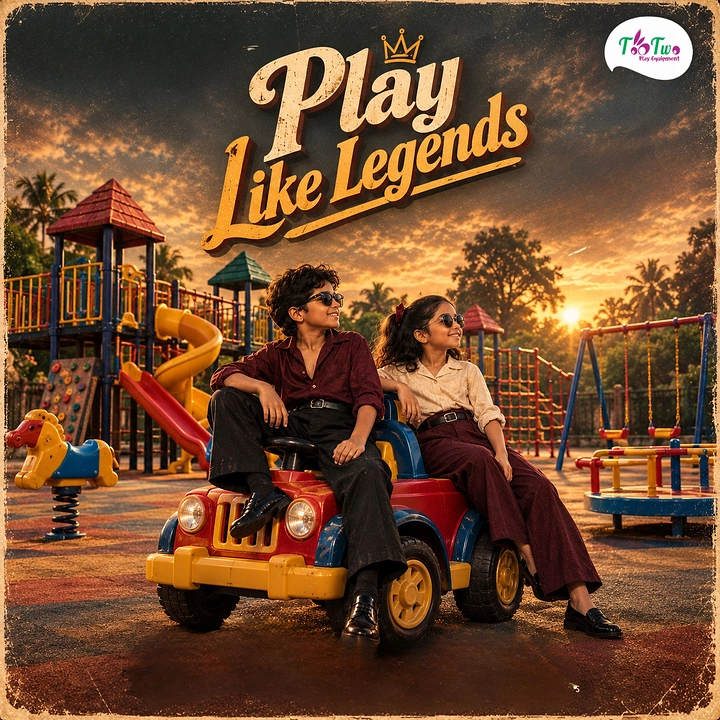 Amusement & Water Parks creative ad: Adults posing cool on kids' playground