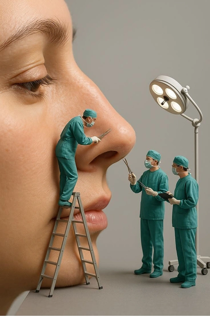 Plastic Surgery Clinics creative ad: Miniature surgeons create memorable nose metaphor