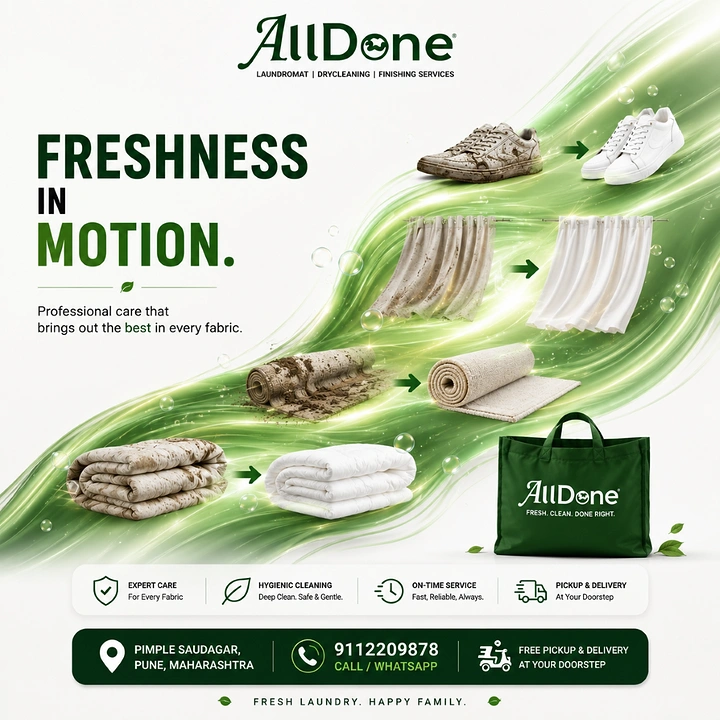 Laundry & Dry Cleaning creative ad: Fabrics flowing on green freshness wave