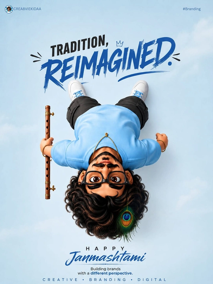 Janmashtami creative ad: Upside-down modern Krishna, 'Tradition Reimagined'