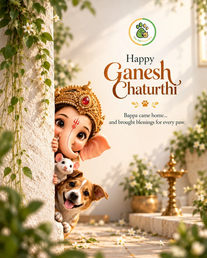 Ganesh Chaturthi creative ad: Cute 3D baby Ganesha, mouse and puppy peeking from behind a pillar