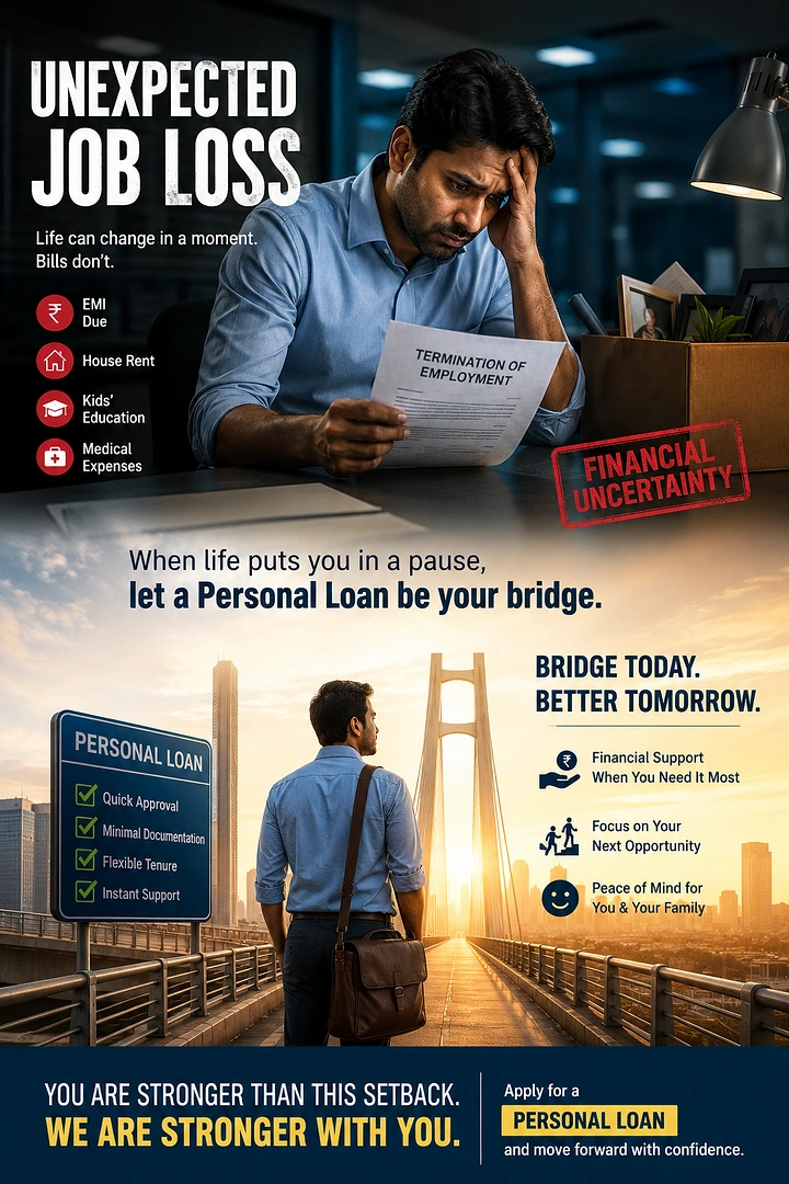 Personal & Business Loans creative ad: Job-loss pause becomes bridge metaphor