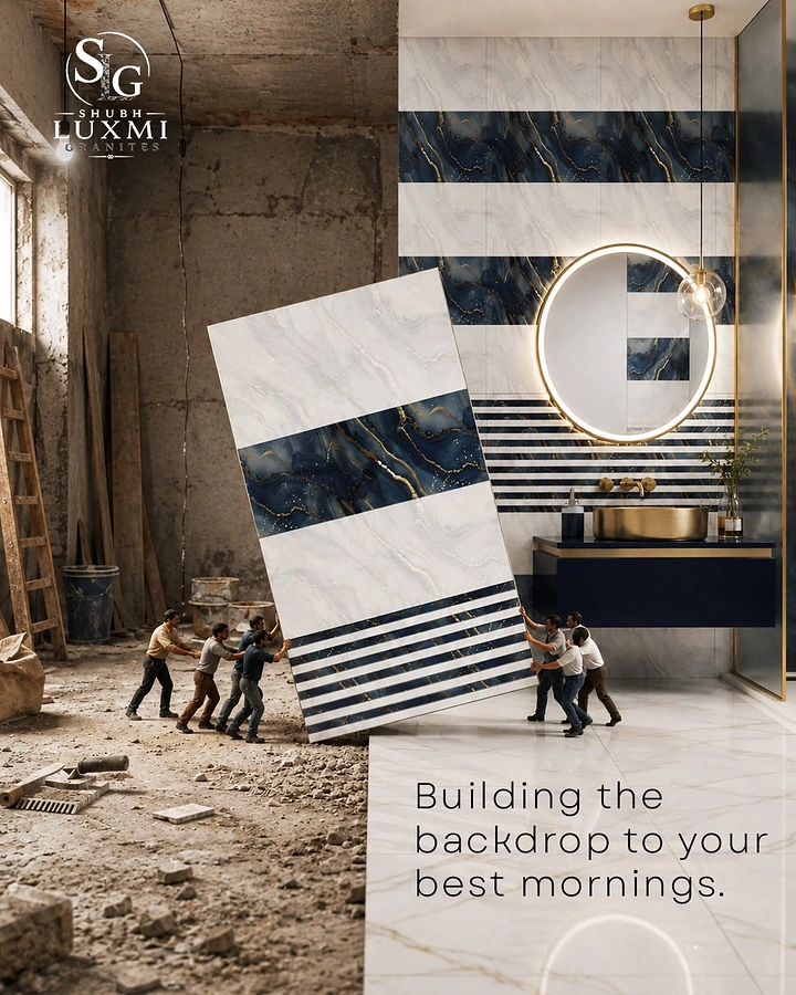 Cement, Steel & Building Materials creative ad: Tiny workers tilting a giant marble tile slab from raw site into luxury bathroom