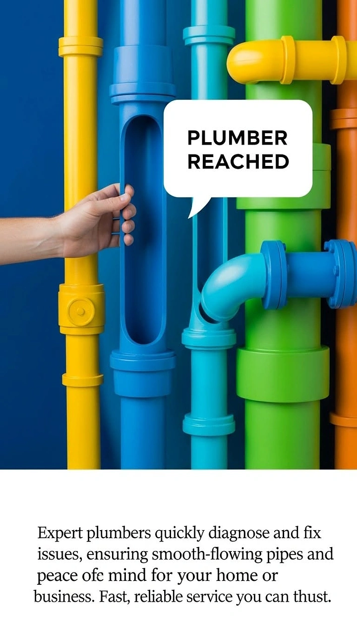 Plumbers creative ad: Colorful pipes, 'Plumber Reached' speech bubble