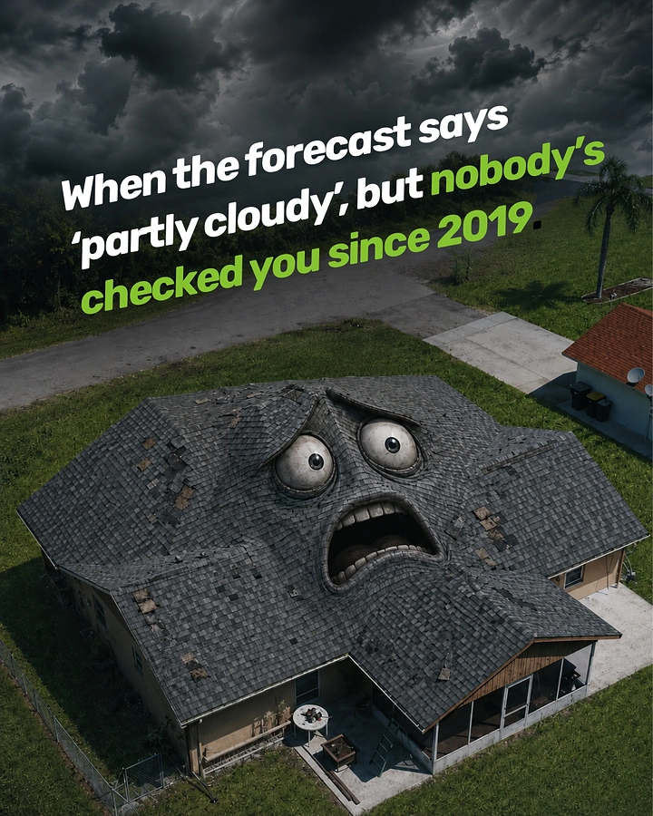 Roofing creative ad: Aerial view of a shingled roof with a terrified cartoon face