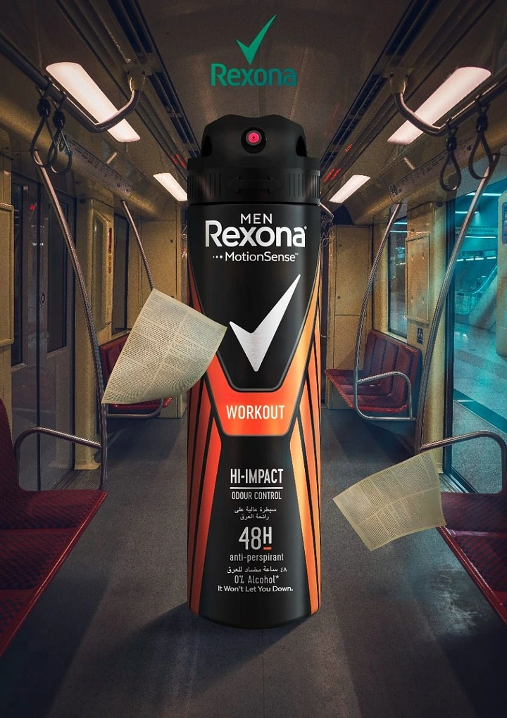 Deodorants & Antiperspirants creative ad: Product integrated into subway workout scene